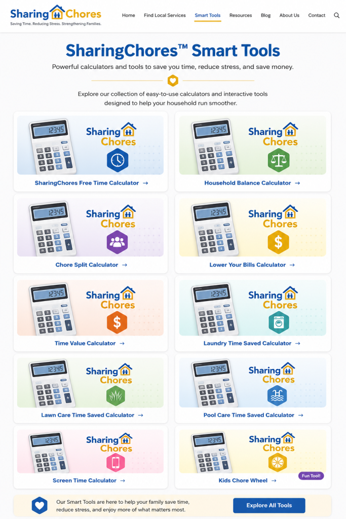 Overview of SharingChores Smart Tools: grid of calculator cards for time, bills, chores, and laundry tools.